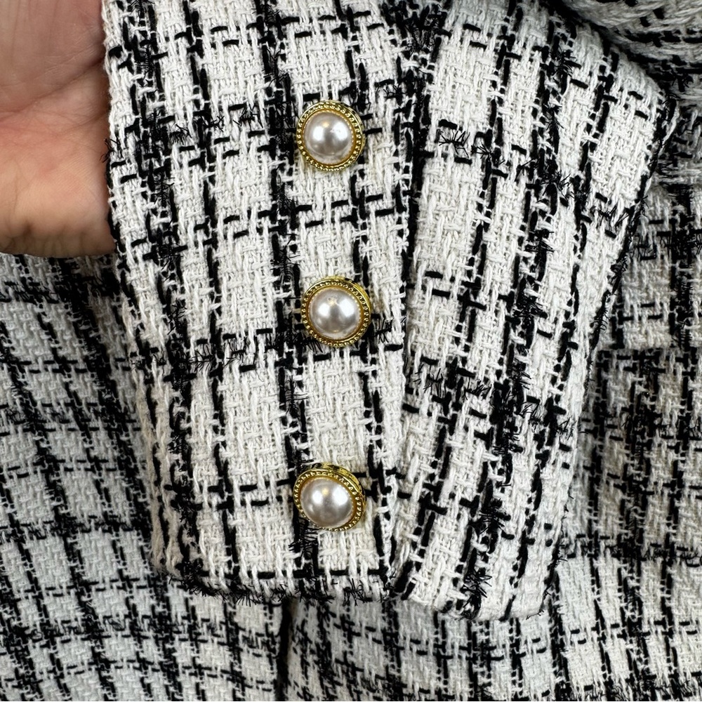 Nanette Lepore Double Breasted Windowpane Cream Tweed Plaid Blazer Sz 12 - Picture 7 of 11